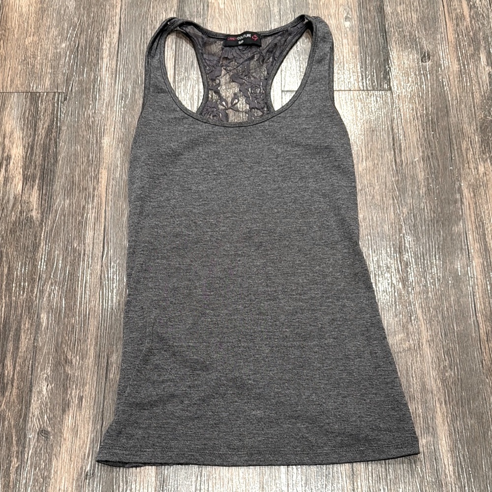 Gray Rose Lace Back Razorback Tank Top